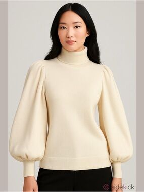 Emma & Posh 100% Cashmere Turtleneck Sweater Ivory Balloon Sleeve Medium